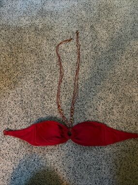 Strapless Red Bikini Top with Beaded Halter Tie